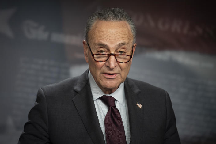 Senate Majority Leader Chuck Schumer speaks during a news conference in the Capitol in Washington on Tuesday, February 2, 2021. / Credit: Caroline Brehman/CQ-Roll Call, Inc via Getty Images