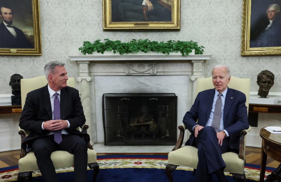 <div class="inline-image__caption"><p>Joe Biden hosts debt limit talks with Kevin McCarthy in the Oval Office at the White House in Washington, DC on May 22, 2023.</p></div> <div class="inline-image__credit">LEAH MILLIS/Reuters</div>