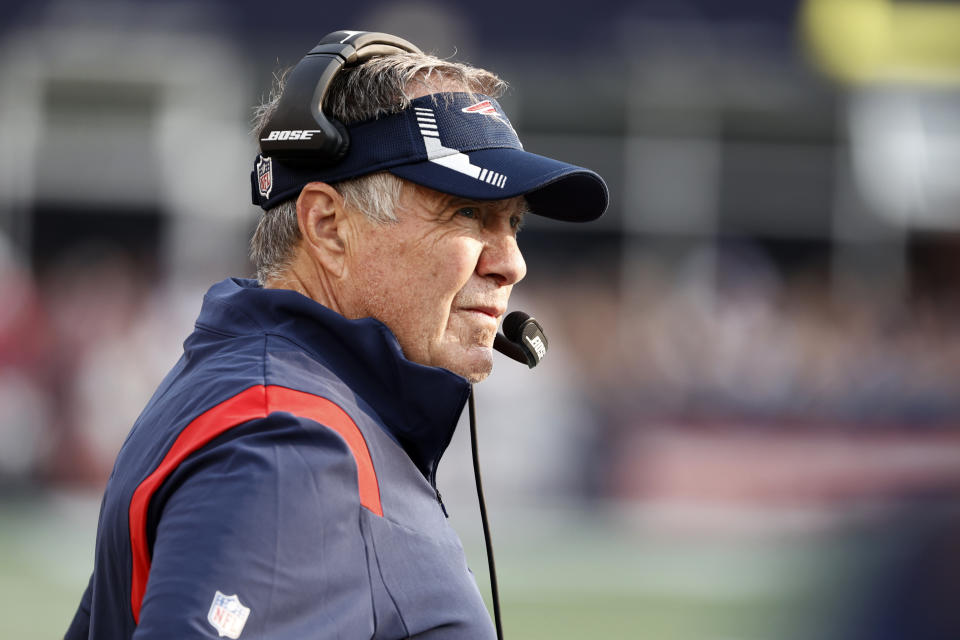 New England Patriots head coach Bill Belichick watches play during the first half of an NFL football game against the Miami Dolphins, Sunday, Sept. 12, 2021, in Foxborough, Mass. (AP Photo/Winslow Townson)