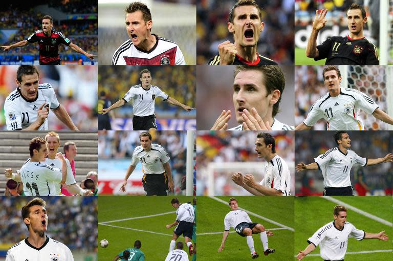 Combination of goals by Germany's forward Miroslav Klose. The pictures show from bottom (R-L) in ascending order the 5 goals scored from the 2002 World Cup, 5 goals from the 2006 World Cup, 4 goals from the 2010 World Cup and 2 in the 2014 World Cup