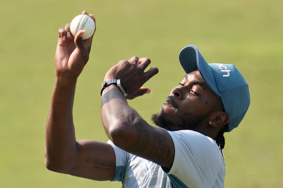 England’s Jofra Archer bowls a delivery in the nets during a training session ahead of their third one day international cricket match against Bangladesh in Chattogram, Bangladesh, Sunday, March 5, 2023. (AP Photo/Aijaz Rahi) (AP)