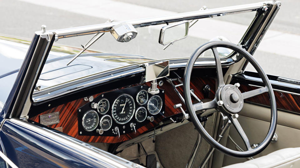 The steering wheel and dashboard of a 1933 Hispano-Suiza J12 Cabriolet.