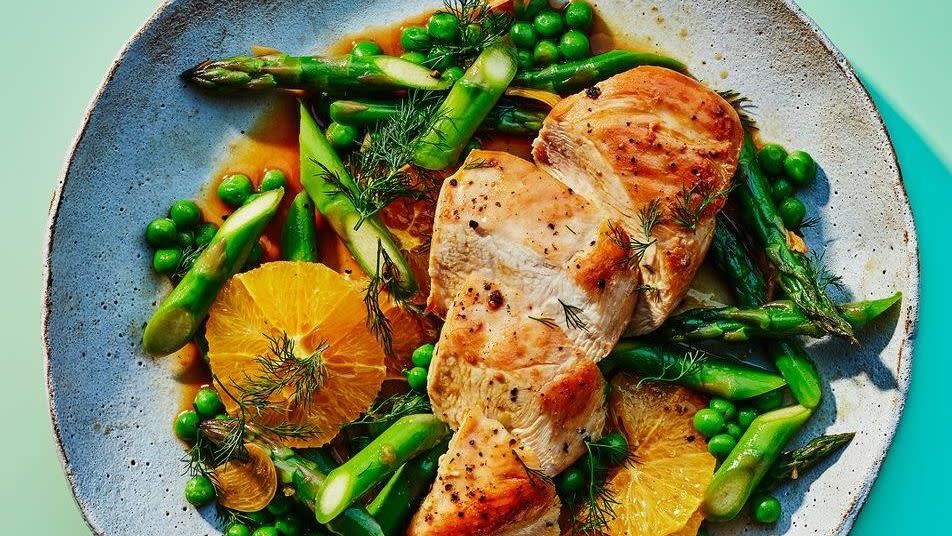 citrus chicken with asparagus and peas