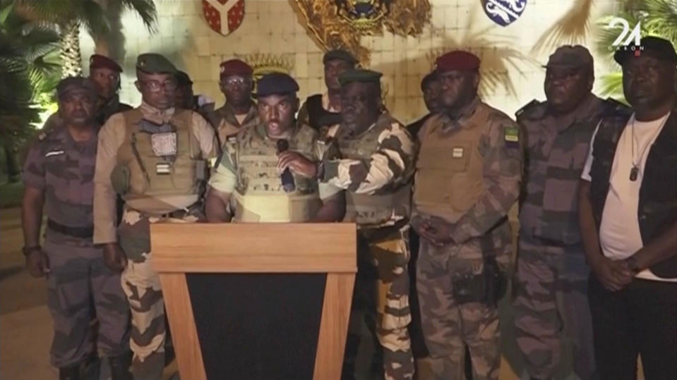 This video grab shoes the spokesperson for the mutinous soldiers speaking on state television as they announce that they had seized power in Libreville, Wednesday Aug. 30, 2023. / Credit: GABON 24 via AP