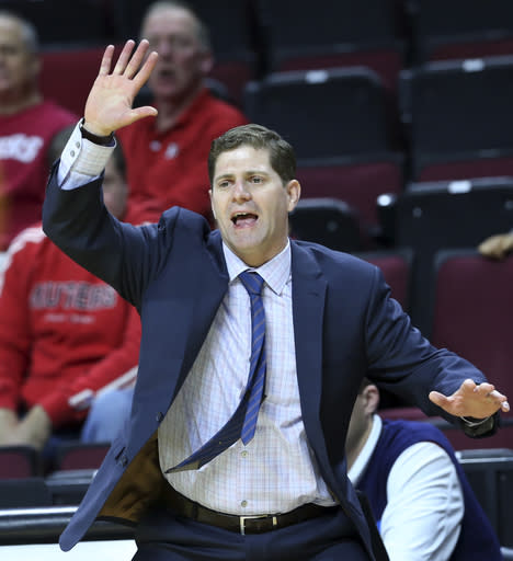 Drexel head coach Zach Spiker shouts to his players during the first half of a NCAA college basketball game against Rutgers Sunday, Nov. 13, 2016, in Piscataway, N.J. (AP Photo/Mel Evans)