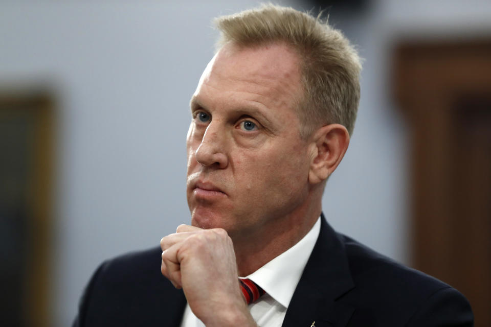 Acting Defense Secretary Patrick Shanahan listens, Wednesday May 1, 2019, during a House Appropriations subcommittee on budget hearing on Capitol Hill in Washington. (AP Photo/Jacquelyn Martin)