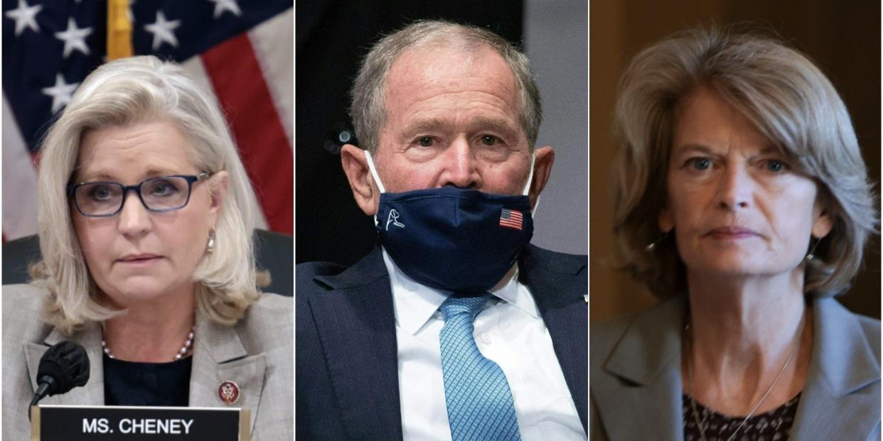 From left to right: Rep. Liz Cheney of Wyoming, former President George W. Bush, and Sen. Lisa Murkowski of Alaska.