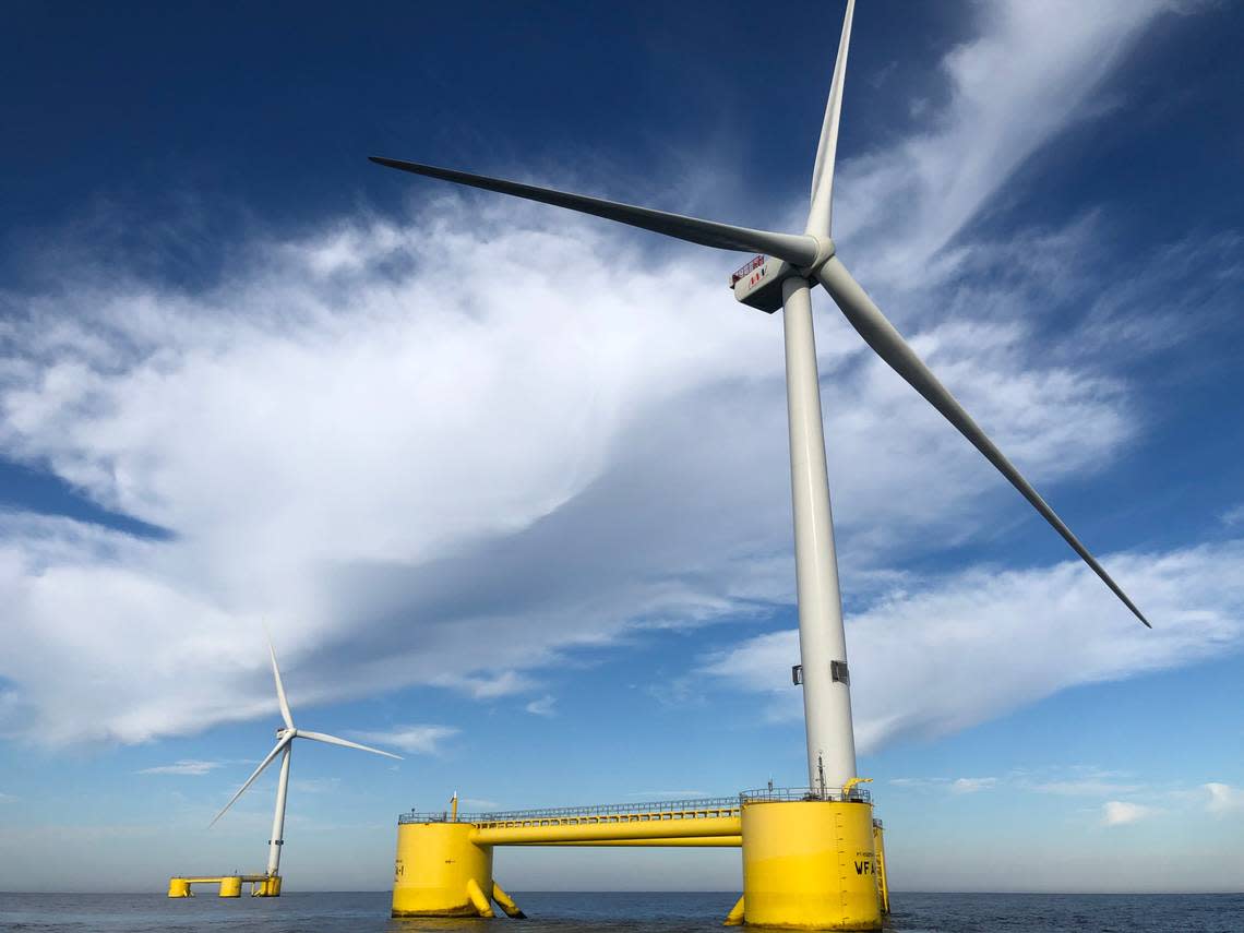 The wind turbines planned off the San Luis Obispo County coast would be similar to Ocean Wind’s WindFloat Atlantic floating offshore wind energy project near Portugal. They are each about 688 feet tall, or about twice the height of the Statue of Liberty.