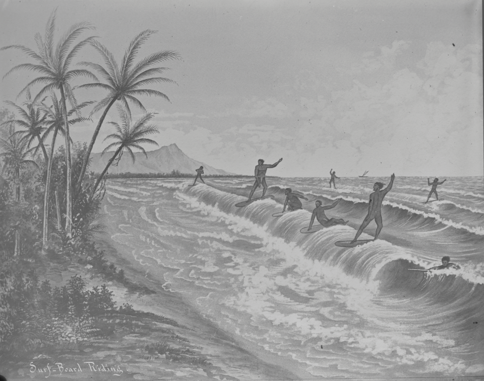 Surfers in ancient Hawaii.