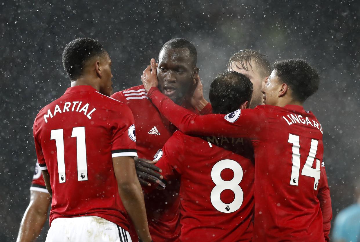 Romelu Lukaku (centre left) celebrates scoring the only goal against Bournemouth