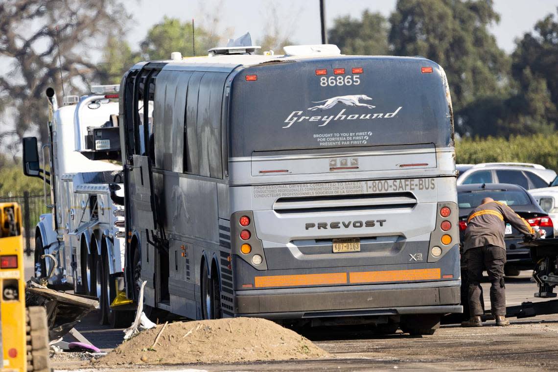 A tow truck righted a bus that left Highway 99, leveled a fence and landed on its side on Wednesday, Aug. 2, 2022, the California Highway Patrol said. At least half of the 34 passengers reported injuries.