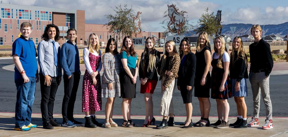 Crimson Cliffs High School's 2023 Sterling Scholar award winners pose for a photo. From left to right: Conner Zwahlen, Connor Denney, William Jaussi, Sofie Werner, Arianna Service, Mckaylee Hortin, Devyn Jones, Aislee Webster, Katelynn Wall, Ella Tyler, Natalie Roper, Rylee Mitchell, Cooper Cluff.