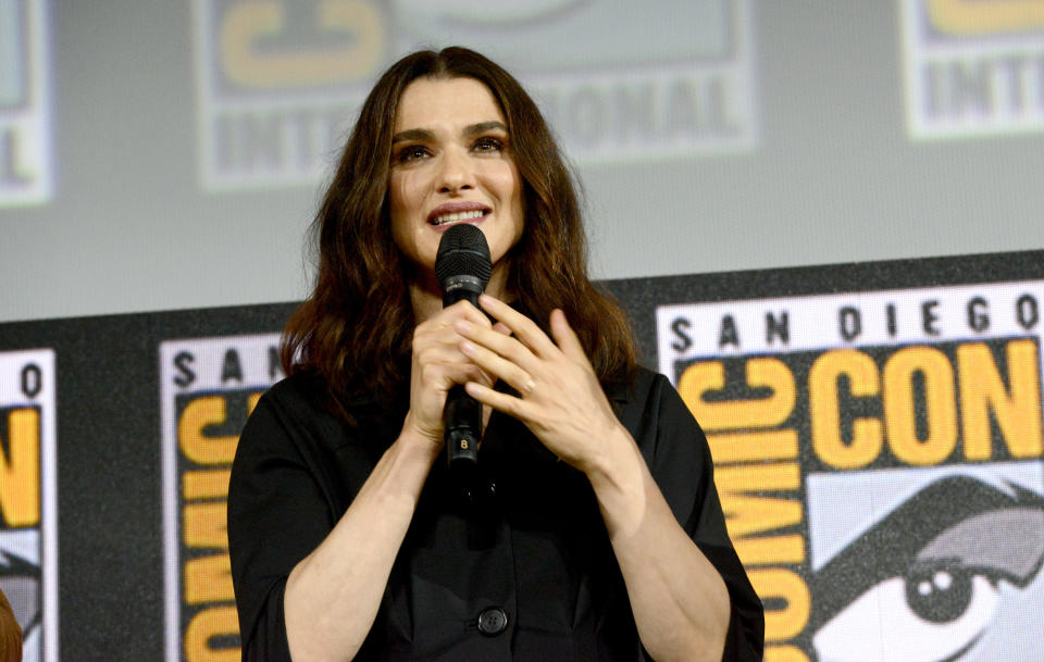 Rachel speaking on-stage at San Diego Comic Con