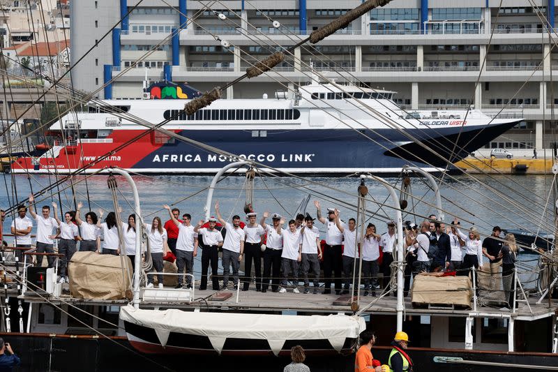 The Olympic flame departs Greece on the sailing ship Belem for the 2024 Paris Games, in the port of Piraeus