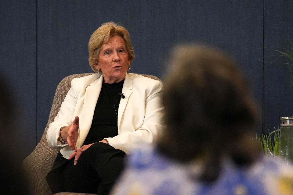 Sara Hensley, candidate for Austin City Manager and City Manager of Denton, Texas, speaks at an open town hall at the Permitting and Development Center on Monday in Austin.