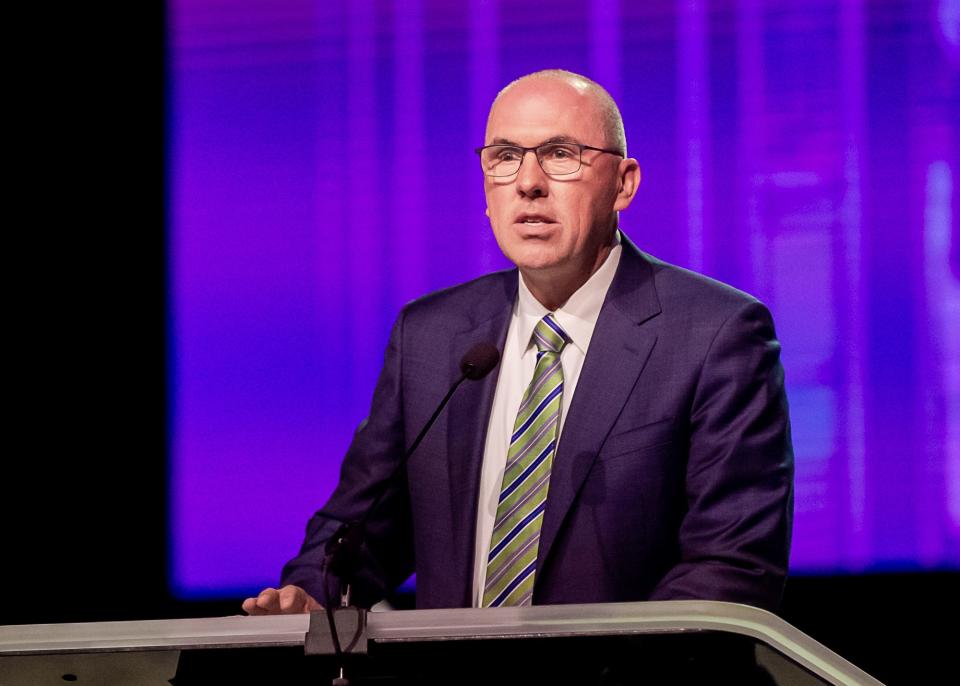 SBC President Bart Barber speaking at the Southern Baptist Convention at the New Orleans Ernest N Morial Convention Center. Tuesday, June 13, 2023.