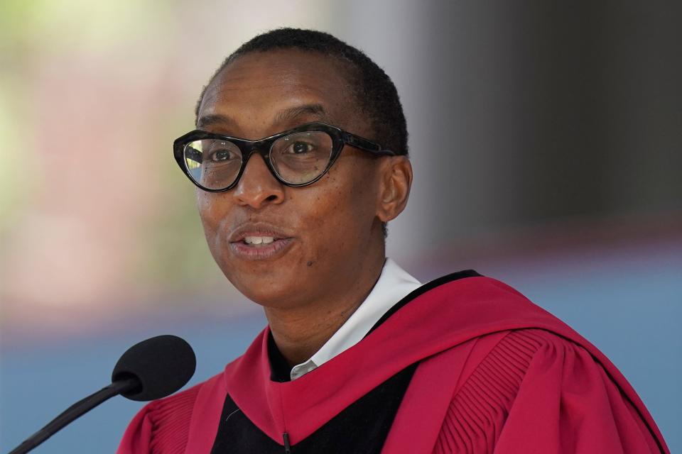 FILE - Then-Edgerley Family Dean of Harvard's Faculty of Arts and Sciences Claudine Gay addresses an audience during commencement ceremonies, May 25, 2023, on the school's campus in Cambridge, Mass. Gay, Harvard University's president, resigned Tuesday, Jan. 2, 2024, amid plagiarism accusations and criticism over testimony at a congressional hearing where she was unable to say unequivocally that calls on campus for the genocide of Jews would violate the school’s conduct policy. (AP Photo/Steven Senne, File) ORG XMIT: NYSS204