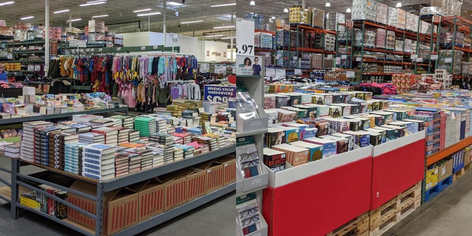 Table with books and rack of clothes at BJ's and display of books at Costco