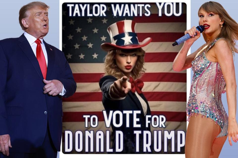 Trump reposted fan art depicting singer Taylor Swift, dressed as Uncle Sam, endorsing him for president. Swift has not yet come out in favor either candidate (Getty)