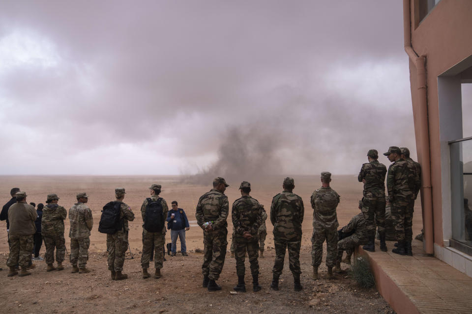 U.S and Morocco military forces take part in the 20th edition of the African Lion military exercise, in Tantan, south of Agadir, Morocco, Friday, May 31, 2024. (AP Photo/Mosa'ab Elshamy)