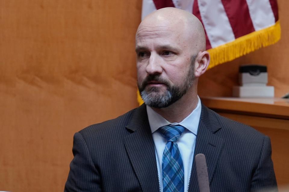 Manchester, N.H. Police Capt. Matthew Larochelle testifies during the trial of the Adam Montgomery at Hillsborough County Superior Court, Tuesday, Feb. 20, 2024, in Manchester, N.H. Montgomery is facing second-degree murder and other charges in the death of his daughter, Harmony. (AP Photo/Charles Krupa, Pool)