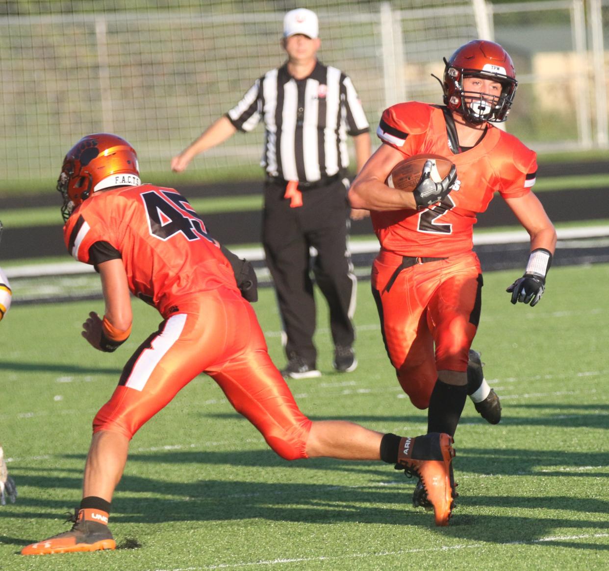 Lucas' Logan Toms, pictured here earlier in the season, ran for 260 yards and five touchdowns in a playoff victory over Toronto on Friday night.