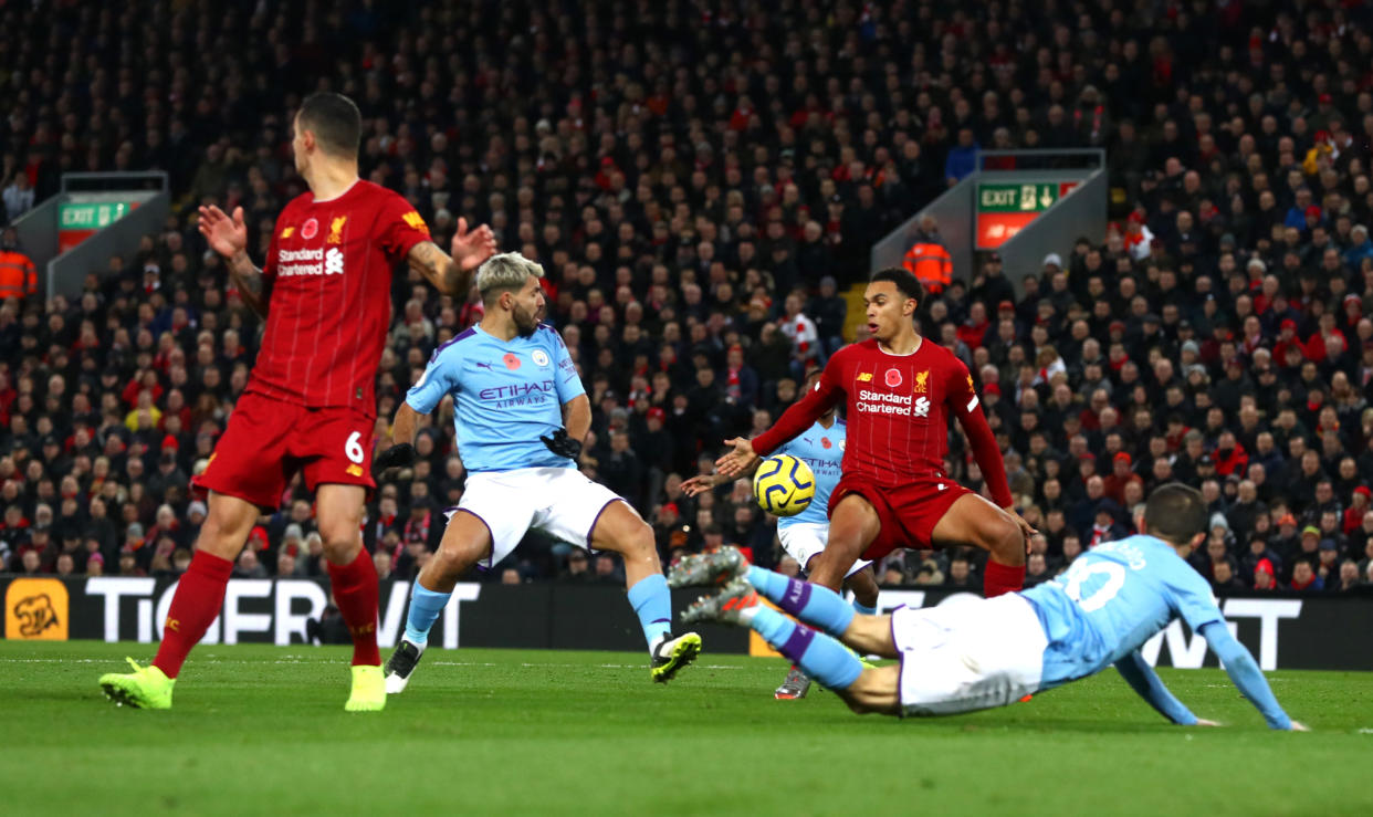 LIVERPOOL, ENGLAND - NOVEMBER 10: Trent Alexander-Arnold of Liverpool handles the ball during the Premier League match between Liverpool FC and Manchester City at Anfield on November 10, 2019 in Liverpool, United Kingdom. (Photo by Chloe Knott - Danehouse/Getty Images)