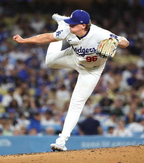 Los Angeles, California September 6, 2024-Dodgers pitcher Landon Knack throws a pitch.