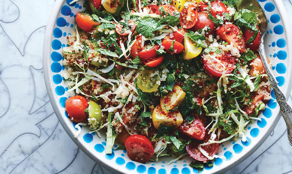 One Tasty Tabbouleh This version of the Lebanese-inspired dish is loaded with bite-sized tomatoes, shredded cabbage, and bulgar for a satisfying crunchy vegetarian dish. Get the One Tasty Tabbouleh recipe