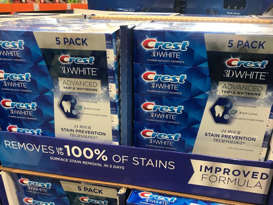 blue and silver packs of crest 3d white at costco