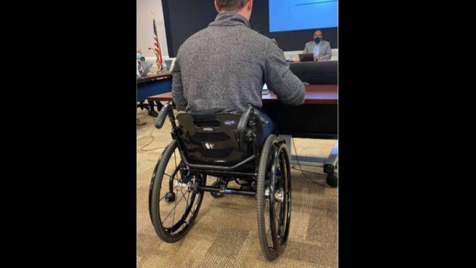 A photo taken by and distributed by U.S. Rep. Madison Cawthorn’s political opponents has been reported to law enforcement. It appears to show the handle of a knife protruding from a sheath affixed to the underside of Cawthorn’s wheelchair.