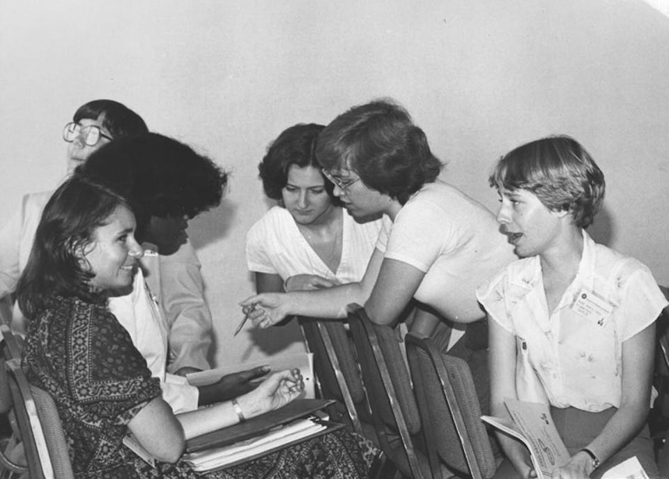 Members discuss a session at the 1981 Society of Women Engineers National Convention in Anaheim, Calif. Society of Women Engineers Photographs, Walter P. Reuther Library