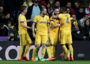 <p>Soccer Football – Champions League Quarter Final Second Leg – Real Madrid vs Juventus – Santiago Bernabeu, Madrid, Spain – April 11, 2018 Juventus’ Blaise Matuidi celebrates scoring their third goal with team mates REUTERS/Susana Vera </p>