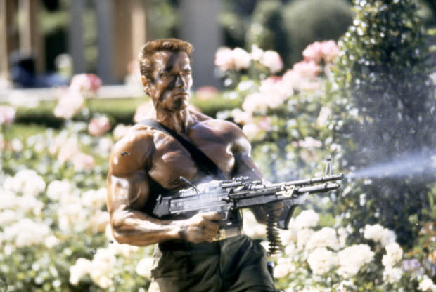 <p>Getty Images</p><p>Arnold Schwarzenegger was at the peak of his action star powers in the 1980s, illustrated by his work in Commando. Playing the perfectly named John Matrix, the retired leader of an elite military unit, he is pulled back to action after his entire former team is killed by mercenaries. After his daughter is kidnapped from his secluded home in the mountains, he is forced into carrying out an assassination in Val Verde, screenwriter Steven E. de Souza’s favorite fictional location (also mentioned in <em>Die Hard 2</em>). Laced with sharp humor and some incredible action set pieces, <em>Commando </em>was one of Schwarzenegger’s best hits, grossing nearly $60 million on a $9 million budget.</p>