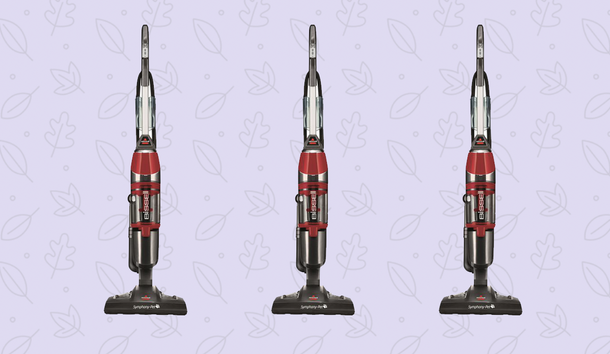 Red Bissell Symphony Plus vacuum and mop in one shown three times on purple background.