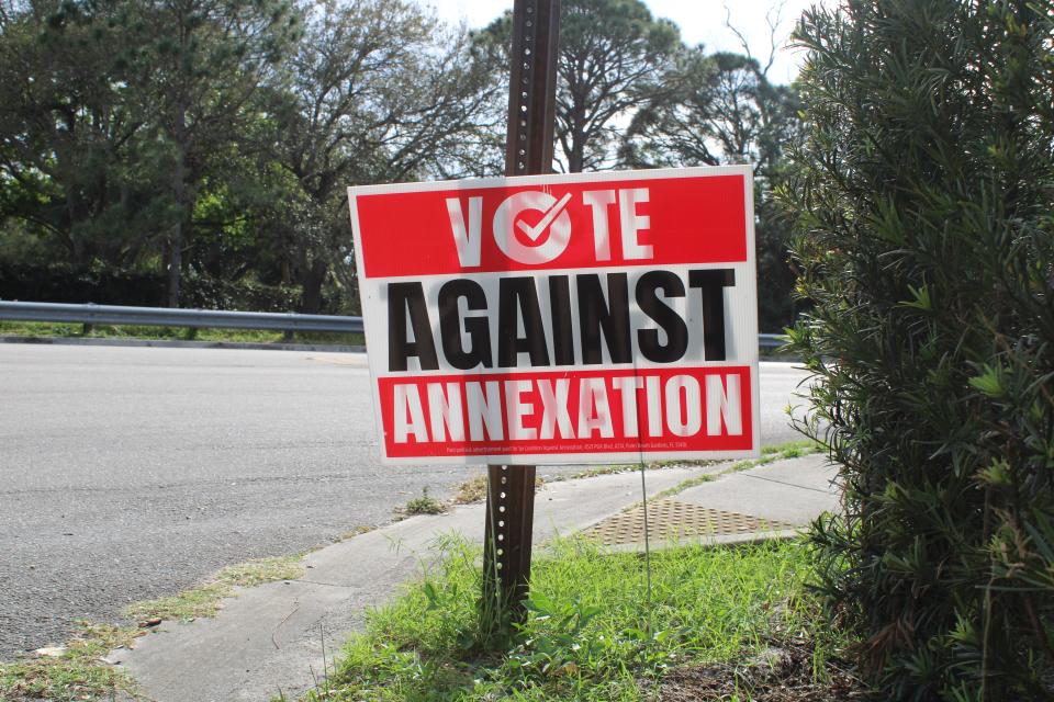 A sign against annexation on Monet Terrace within proposed annexation Area 5, which is completely surrounded by Palm Beach Gardens.