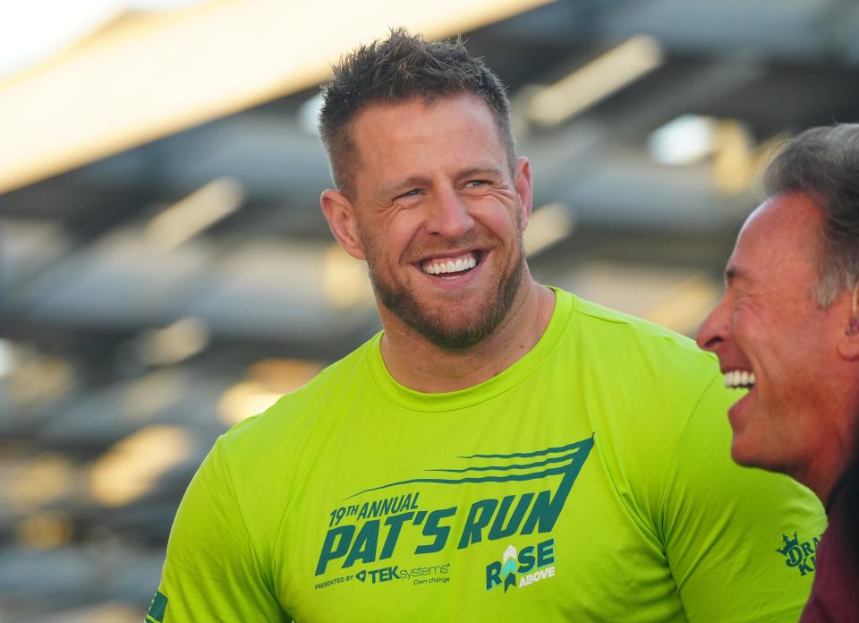 Retired Arizona Cardinal J.J. Watt speaks with the press during the 19th annual Pat's Run outside Sun Devil Stadium in Tempe on April 15, 2023.