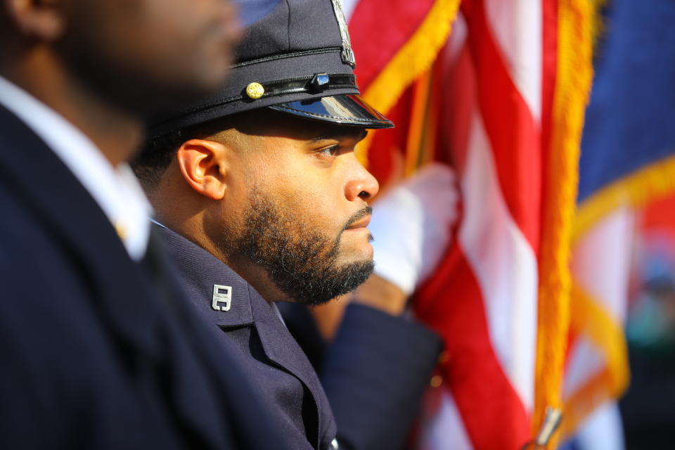 <p>A member of New York City Corrections Honor Guard pauses during the Veterans Day parade in New York City on Nov. 11, 2017. (Photo: Gordon Donovan/Yahoo News) </p>