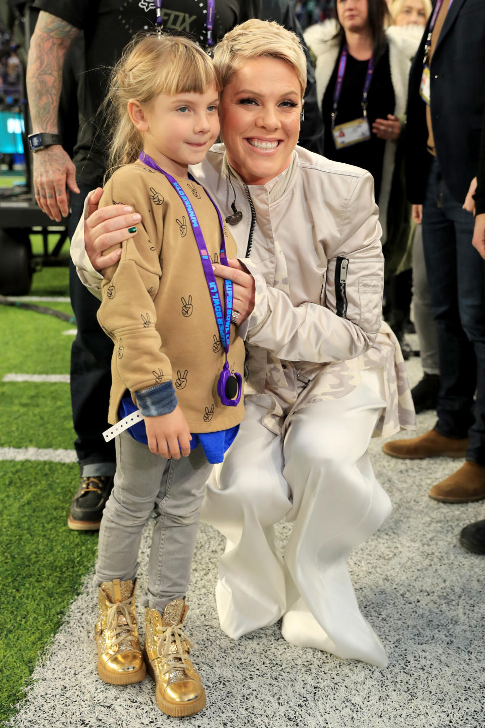 Pink with her daughter at the 2018 Super Bowl. Source: Getty