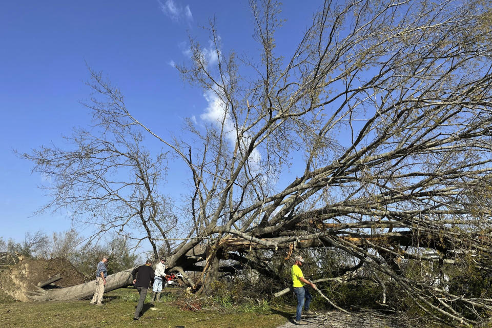 A fallen tree blocks the street on Saturday, March 25, 2023 in Silver City, Miss. Emergency officials in Mississippi say several people have been killed by tornadoes that tore through the state on Friday night, destroying buildings and knocking out power as severe weather produced hail the size of golf balls moved through several southern states. (AP Photo/Michael Goldberg)