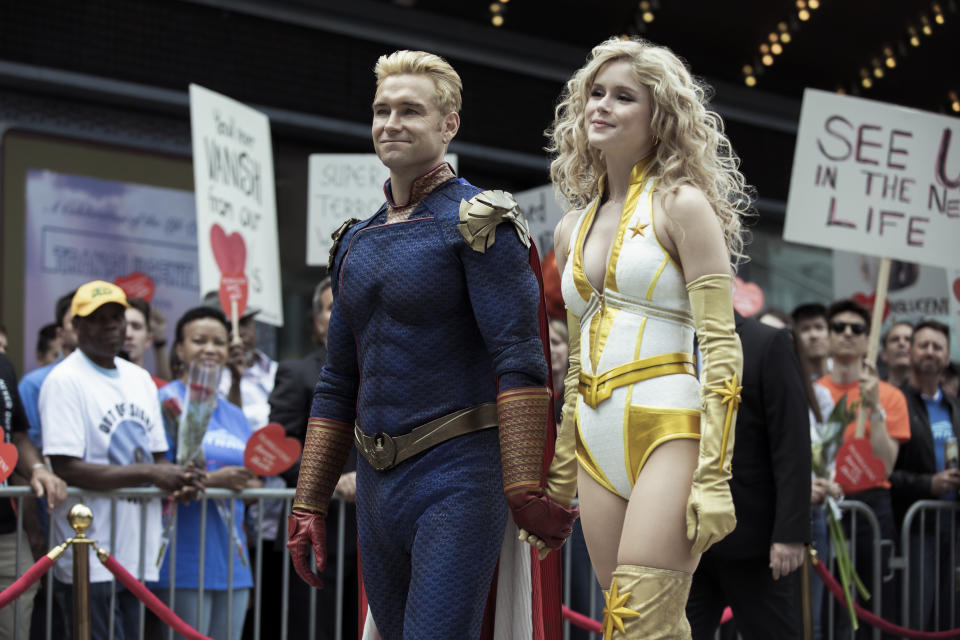 Antony Starr as Homelander and Erin Moriarty as Starlight in a promotional still for <i>The Boys</i> S2. (Amazon Prime Video)