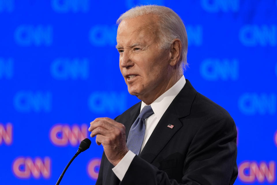 President Joe Biden speaks during a presidential debate hosted by CNN with Republican presidential candidate former President Donald Trump, Thursday, June 27, 2024, in Atlanta. (AP Photo/Gerald Herbert)