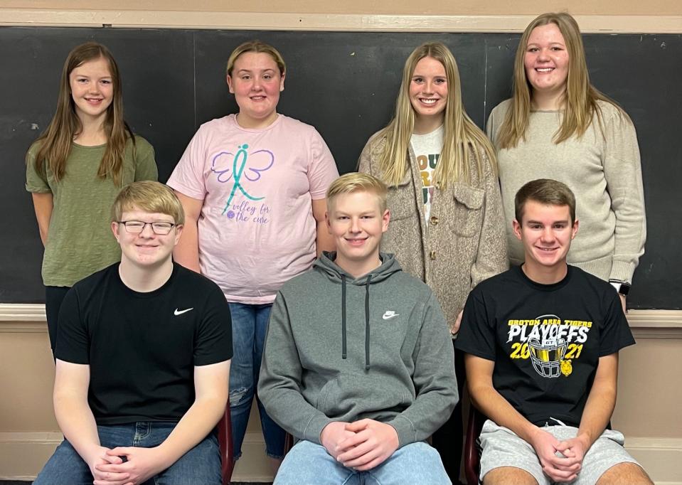 Groton Area Middle and High School's November students of the month are, back row from left, Carlee Johnson, Mya Feser, Lydia Meier, Emma Kutter, front row, Nathan Unzen, Travis Townsend and  Jacob Lewandowski.