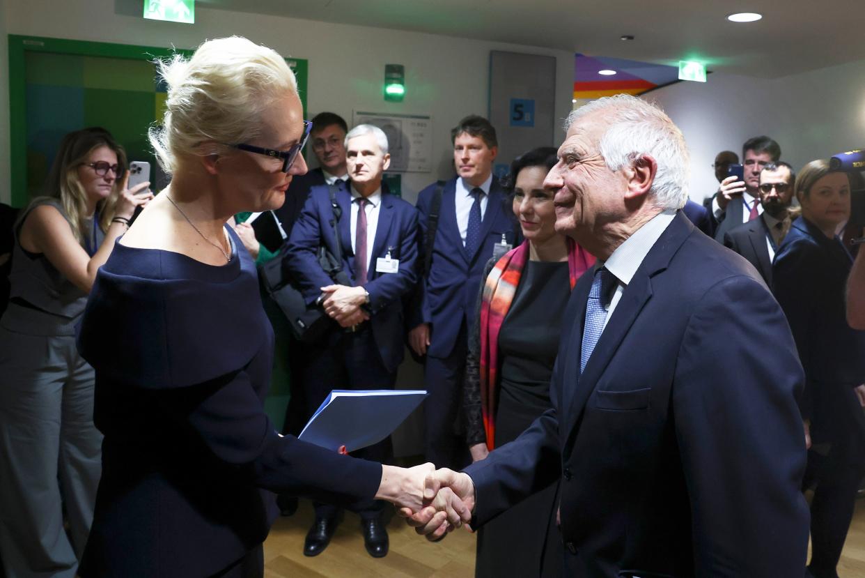 Yulia Navalnaya shakes hands with European Union foreign policy chief Josep Borrell (AP)