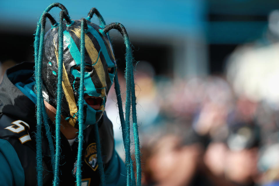 <p>A Jacksonville Jaguars fan watches during the third quarter against the Buffalo Bills during the AFC Wild Card Playoff game at EverBank Field on January 7, 2018 in Jacksonville, Florida. (Photo by Scott Halleran/Getty Images) </p>