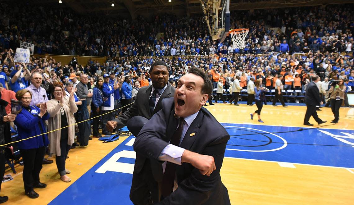 Duke head coach Mike Krzyzewski reacts as he leaves the floor as Duke defeated Virginia 63-62 at Cameron Indoor Stadium, Saturday, February 13, 2016.