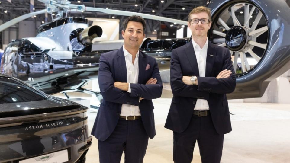 ACH’s Frederic Lemos (left) and Marek Reichman, Aston Martin’s vice president and chief creative officer, announce the new series at EBACE in Geneva. - Credit: Courtesy ACH