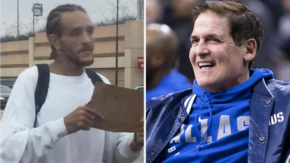 A 50-50 image shows Delonte West on the streets in Dallas on the left, and Dallas Mavericks owner Mark Cuban on the right.