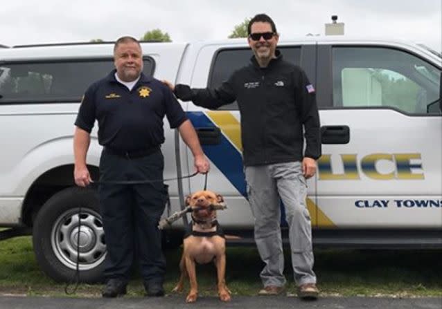 Pictured: Leonard with Jim Alloway and Chief Terry Mitchell. Photo: Facebook / Union County Humane Society.