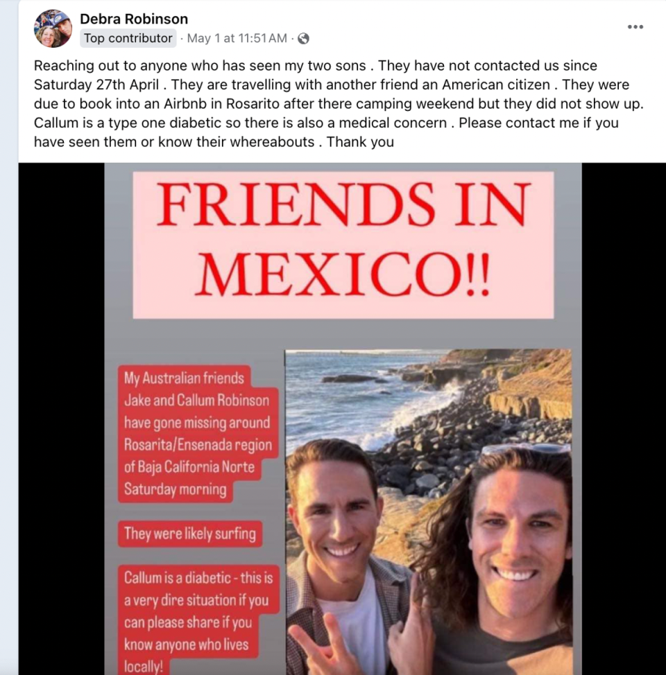 The Facebook group TalkBaja is where news of the surfers’ disappearance first broke when the Australians’ mother posted a plea for help (TalkBaja)